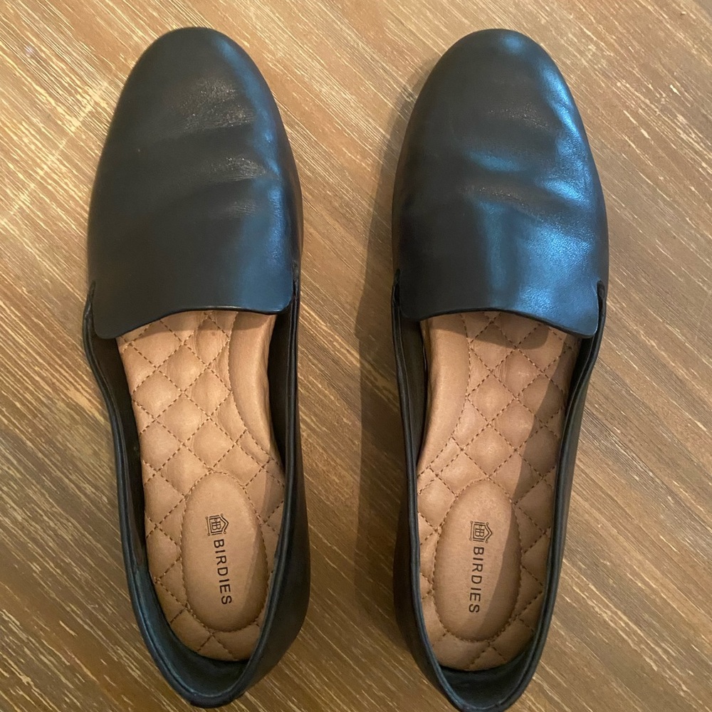 Birdies Jet Black Leather Starling Loafers Size 8